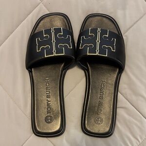 Tory Burch Black and Gold Slide Sandals